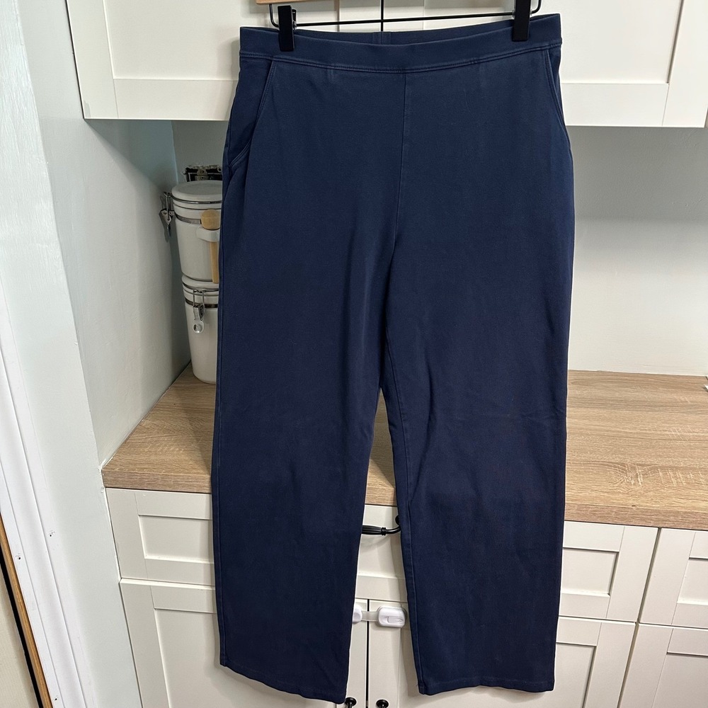 LL Bean Knit Straight Leg Pants Womens M Pet Navy Blue Stretch Pockets 252079